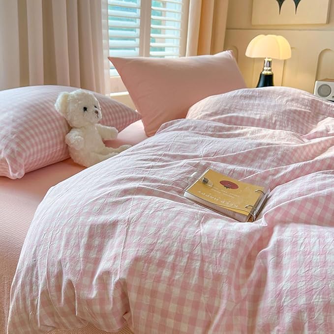 Nayoroom Gingham Duvet Cover Queen Size Pink White Plaid Checkered Comforter - Image 5