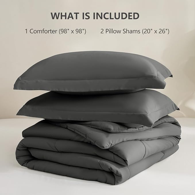 CozyLux Oversized Queen Comforter Set, 3 Pieces Dark Grey 98x98 Box Stitched - Image 6