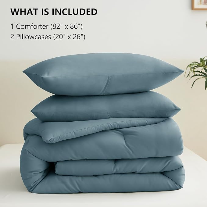 CozyLux Full Size Comforter Set Mineral Blue, 3 Pieces Solid Breathable Quilted - Image 6