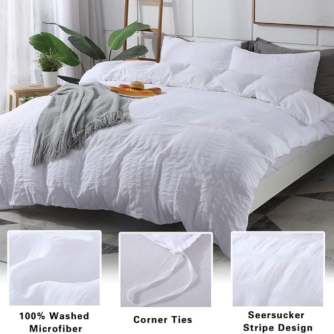 AveLom Seersucker Stripe Duvet Cover Full, 3 Pieces White Zipper Closure Corner - Image 2