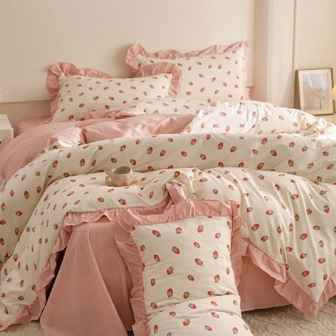 Nayoroom Ruffle Duvet Cover Full Size Pink Strawberry Printed on White Ruffled - Image 2