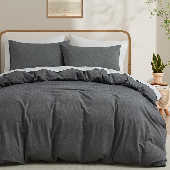LOVQUE Dark Grey Duvet Cover Full Size, 100% Washed Cotton Linen Like Bedding by LOVQUE