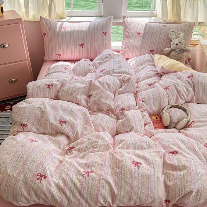 BOLINLIVING Pink Bow Duvet Cover King Size, Girls Cute Striped Bowknot Yellow by BOLINLIVING