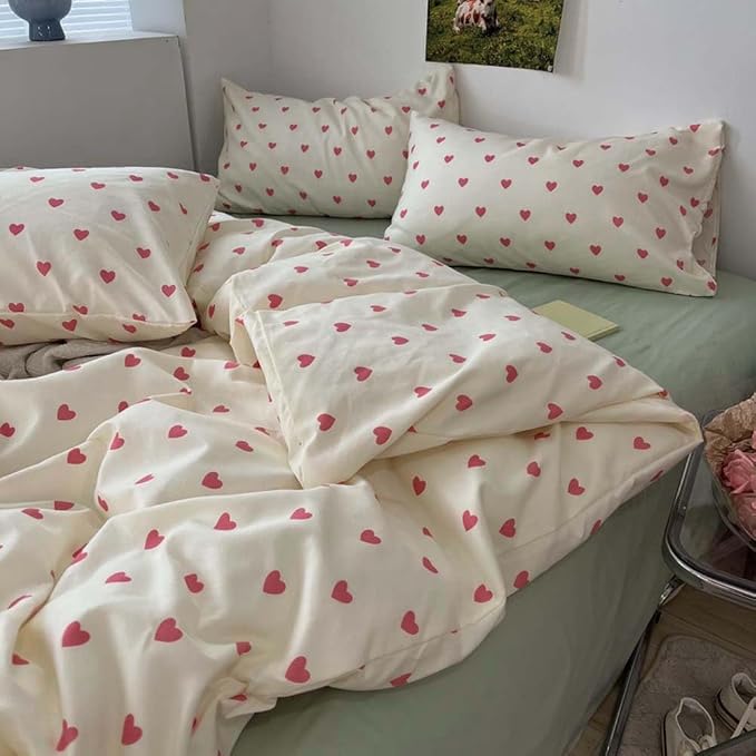 Nayoroom Heart Duvet Cover Full Size Kawaii Pink Heart Printed on Cream White - Image 3