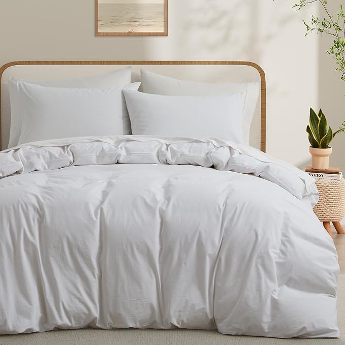 LOVQUE 100% Washed Cotton Duvet Cover King Size, Linen-Like Textured White by LOVQUE