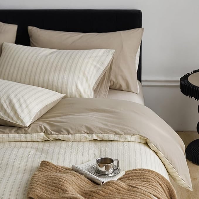 Nayoroom Beige Striped Duvet Cover Queen Size 100% Washed Cotton Duvet Cover - Image 3