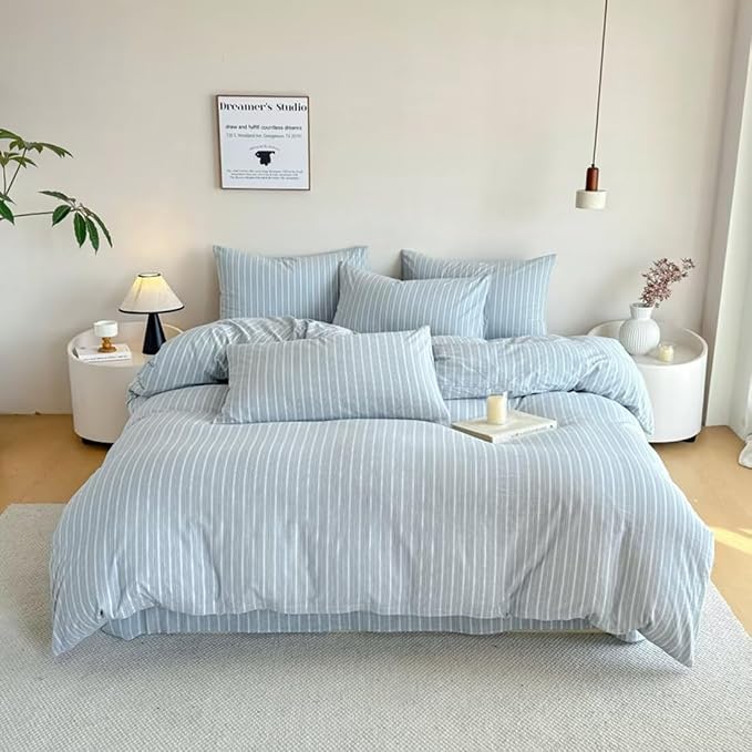 PinkMemory Blue Striped Duvet Cover Set Queen 100% Washed Cotton Blue Stripes - Image 3