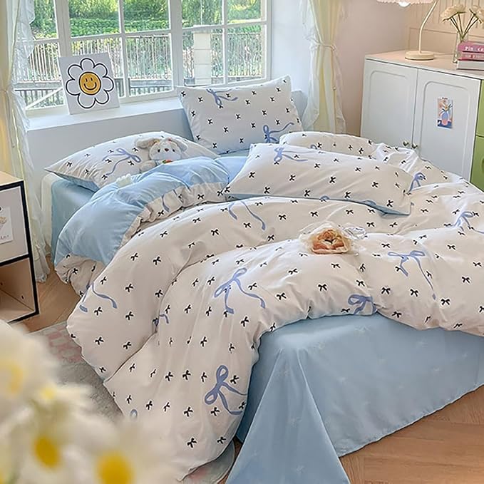 Nayoroom Blue Bow Duvet Cover Queen Size Reversible Blue Duvet Cover 3 Pieces - Image 5