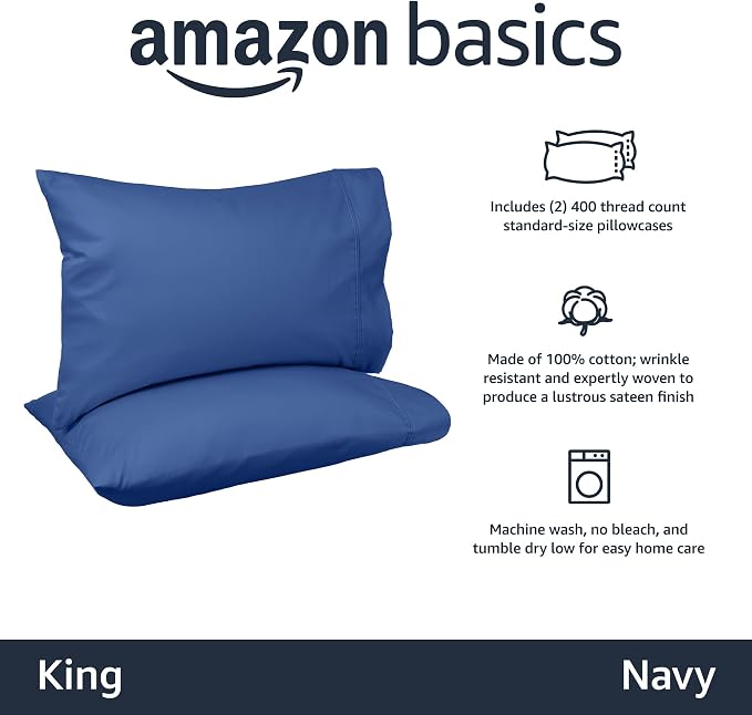 Amazon Basics 400 Thread Count 100% Cotton Pillow Cases, Sateen Weave, King Size - Image 2