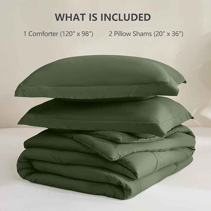 CozyLux Oversized King Comforter Set, 3 Pieces Olive Green 120x98 Box Stitched - Image 6