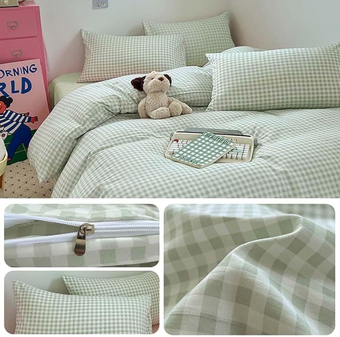Nayoroom Green Gingham Duvet Cover Queen Size Plaid Dorm Bedding Set 3 Pieces - Image 8