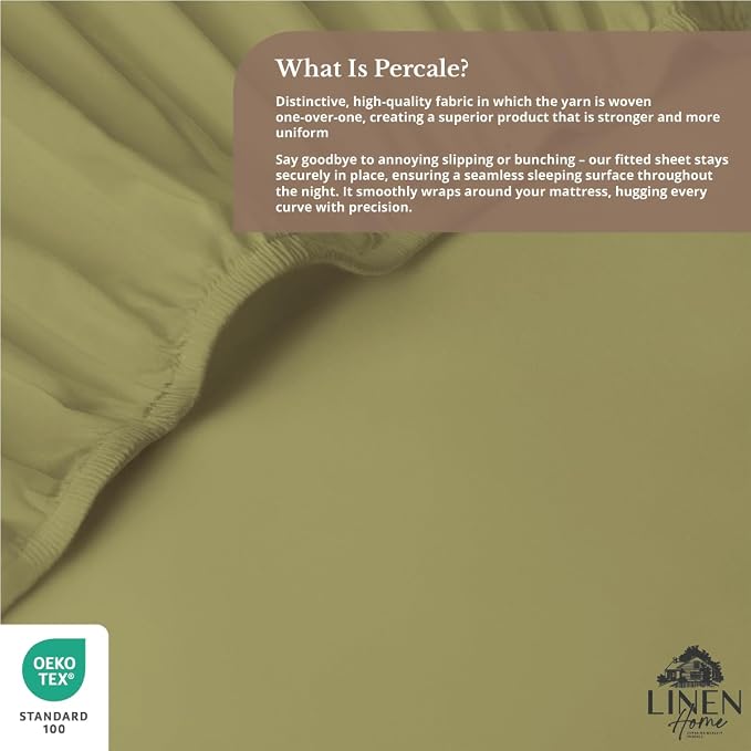Linen Home 100% Cotton Percale Weave Fitted Sheet, King Size, Oil Green - Image 4