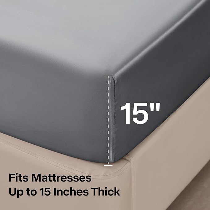 BEDELITE King Size Sheets Set, Luxury Soft Dark Grey Satin Sheets - Image 5