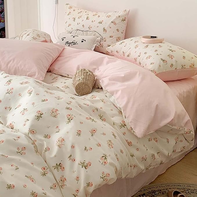 Nayoroom Pink Floral Duvet Cover Queen Size Reversible Green Botanical Leaf - Image 2