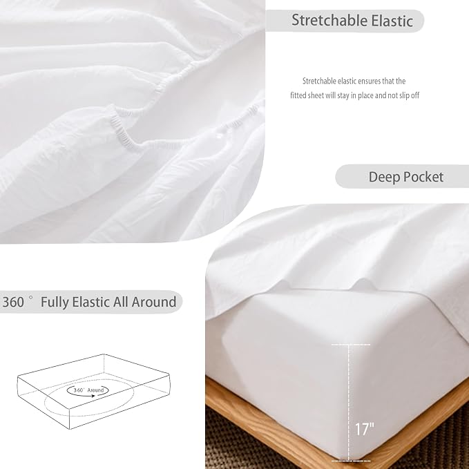 MooMee Fitted Bottom Sheet Only 100% Washed Cotton Linen Like Textured - Image 6
