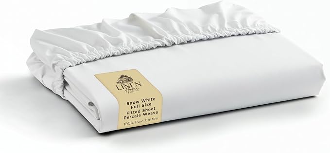 Linen Home 100% Cotton Percale Weave Fitted Sheet, Full Size, Snow White by LINENHOME