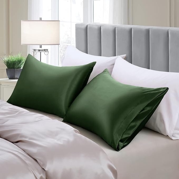 Aormenzy Satin Pillow Cases for Women Queen Size Set of 2, Woodland Green Satin - Image 3