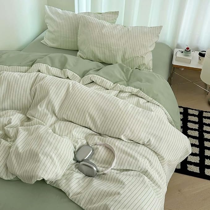 Nayoroom Green Striped Duvet Cover Queen Size 100% Washed Cotton Duvet Cover - Image 3