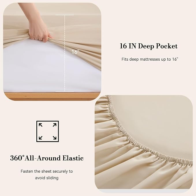 Full Sheet Set 4 Piece, Wrinkle Free, Oeko-Tex Certified Bedsheets，Cream - Image 3