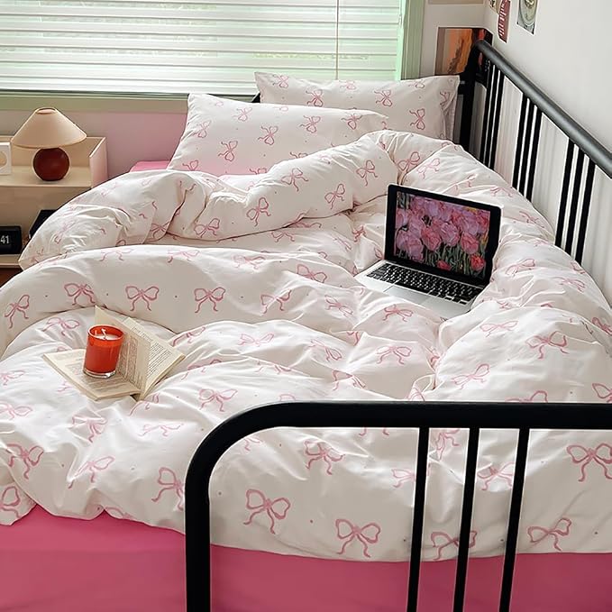Nayoroom Pink Bow Duvet Cover Full Size Polka Dot Bowknot Coquette Duvet Cover - Image 2