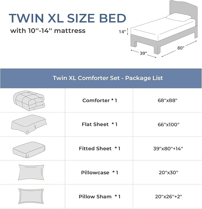 Sasttie Twin XL Comforter Set, 5 Pieces Twin XL Bed in a Bag, Complete Bedding - Image 7