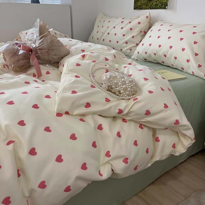 Nayoroom Heart Duvet Cover Full Size Kawaii Pink Heart Printed on Cream White by Nayoroom