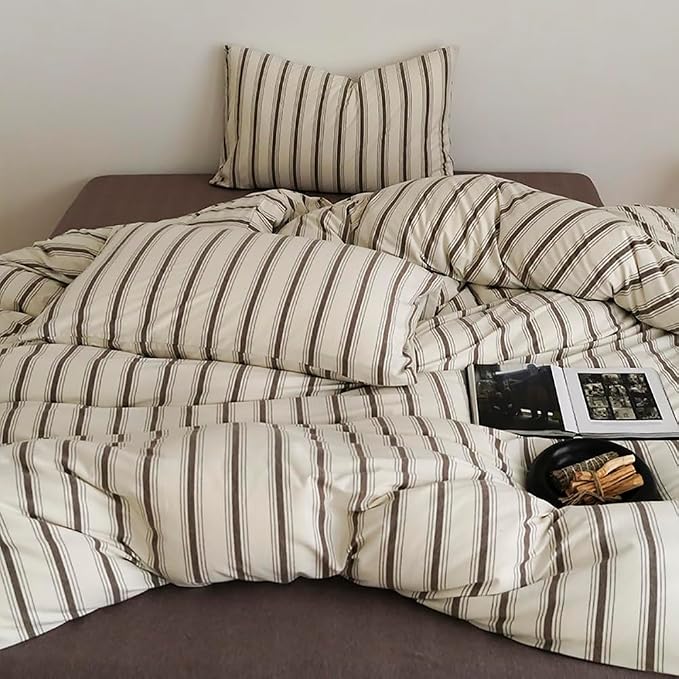 Nayoroom Striped Duvet Cover Queen Size Brown Stripe Duvet Cover Dorm Bedding - Image 5