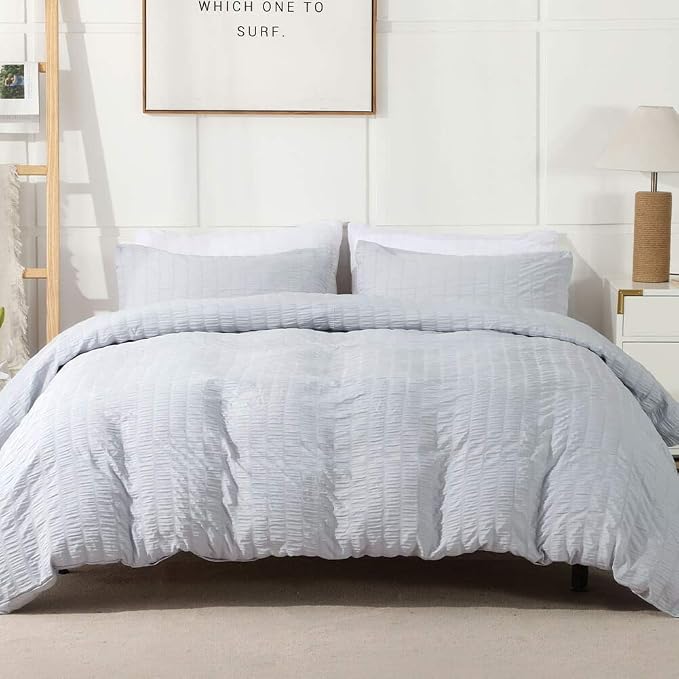 AveLom Seersucker Duvet Cover Set Queen Size, 3 Pieces, Light Gray Ultra Soft by AveLom