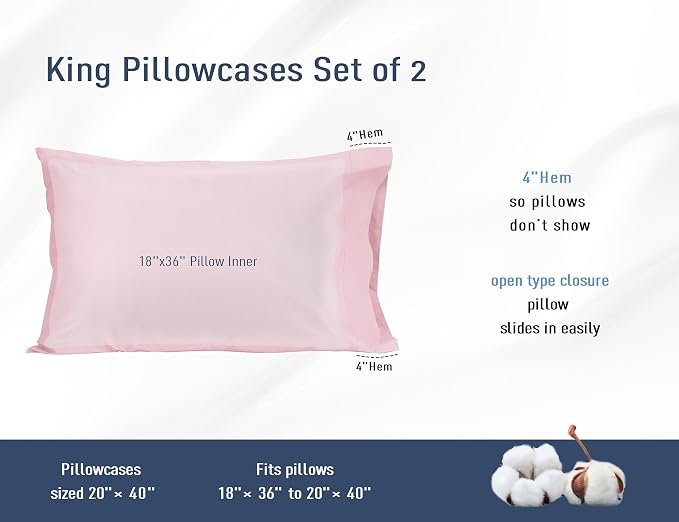 Pillow Cases, King Size Cotton Percale Weave Pillowcases, Pre-Shrunk Breathable - Image 3