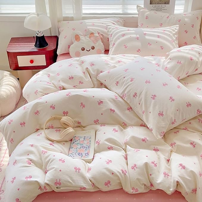 Nayoroom Pink Bow Duvet Cover Full Size Heart Bows Printed Coquette Bedding Set - Image 3