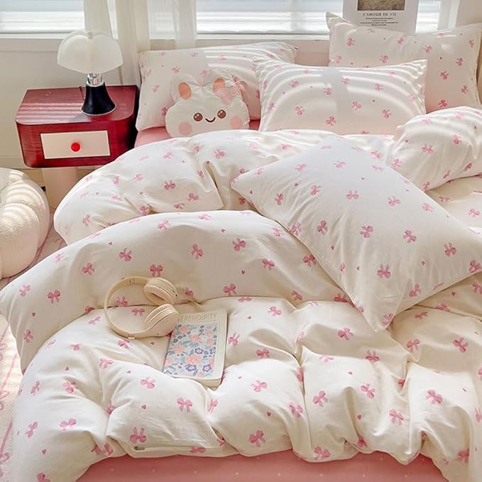 Nayoroom Pink Bow Duvet Cover Queen Size Heart Bows Printed Coquette Bedding by Nayoroom