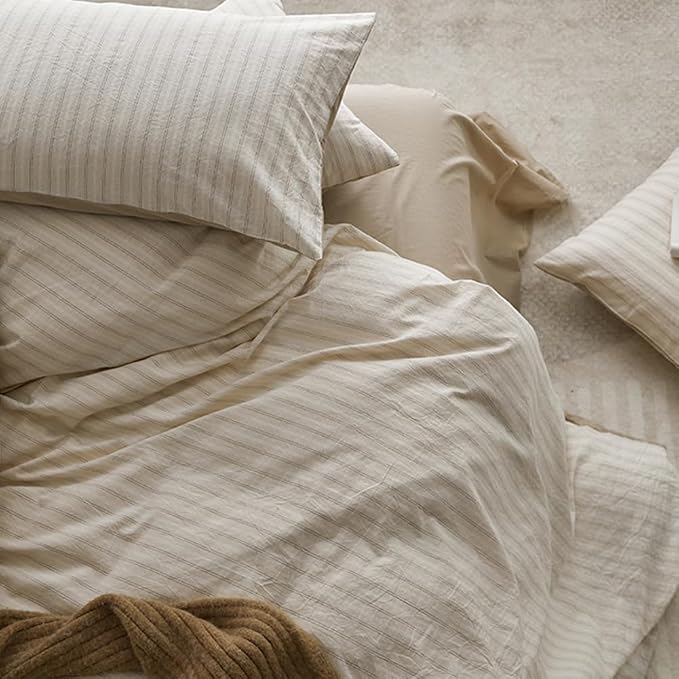 Nayoroom Beige Striped Duvet Cover Queen Size 100% Washed Cotton Duvet Cover - Image 5