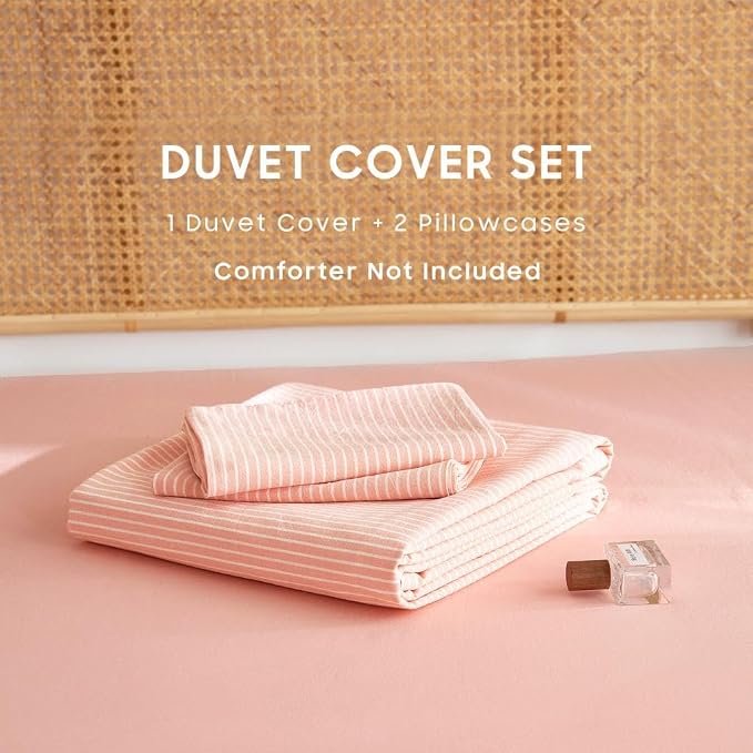 Wake In Cloud - Striped Cotton Duvet Cover Set, 100% Washed Cotton Textured - Image 2