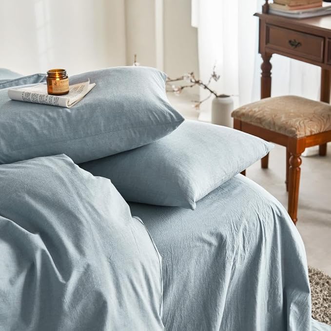 Wake In Cloud - Cotton Duvet Cover Set, Queen Size, Light Denim Blue, 100% by WakeInCloud