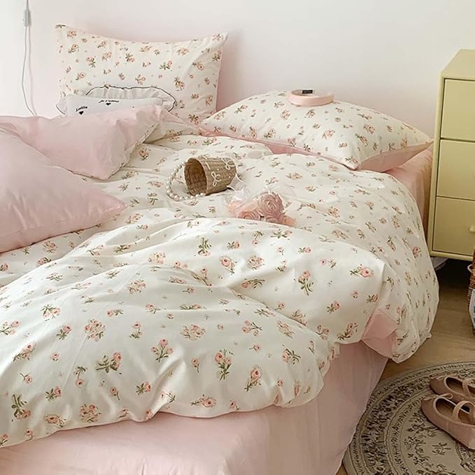 Nayoroom Pink Floral Duvet Cover Queen Size Reversible Green Botanical Leaf - Image 4