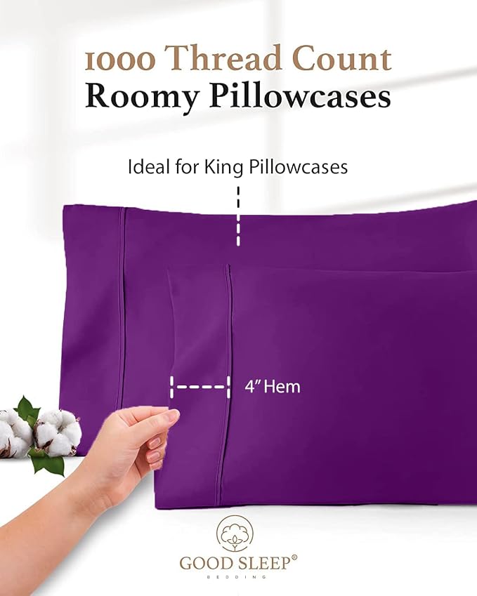 1000 TC Purple King Pillowcases Set of 4 100% Egyptian Cotton Pillow Cases - Image 3