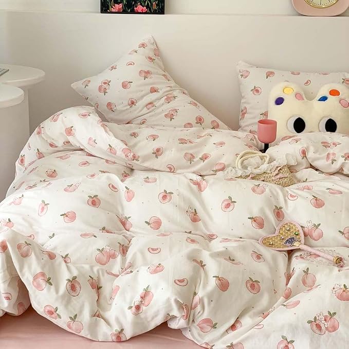 Nayoroom Pink Peach Duvet Cover Queen Size Kawaii Fruit Peaches Rabbit Printed - Image 4