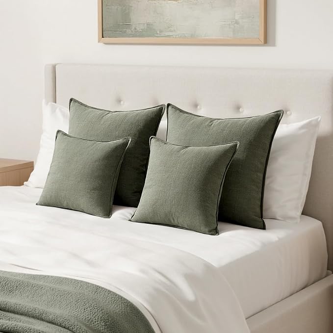 MIULEE Decorative Linen Euro Sham Pillow Covers 24x24 Inch Olive Green Boho - Image 3