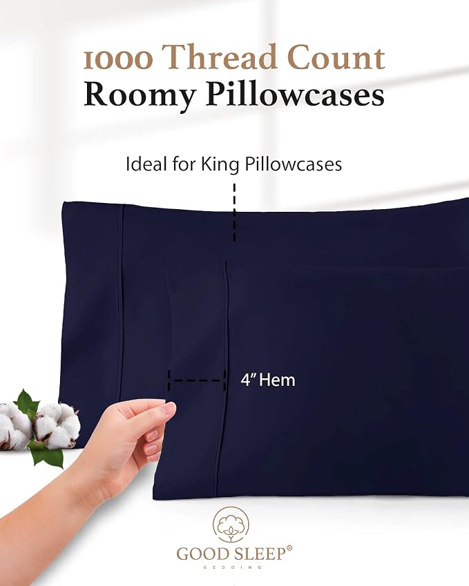 1000 TC Navy Blue King Pillowcases Set of 2 100% Egyptian Cotton Pillow Cases - Image 3