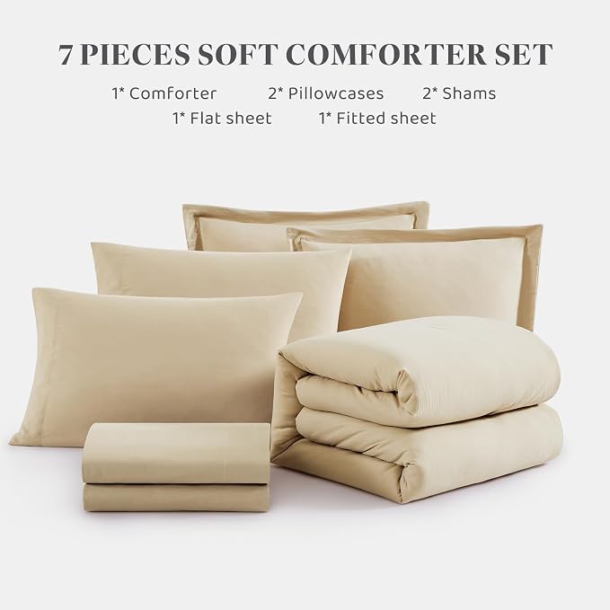 WRENSONGE King Size Comforter Set, 7 Pieces Beige Soft Bed in a Bag King - Image 8