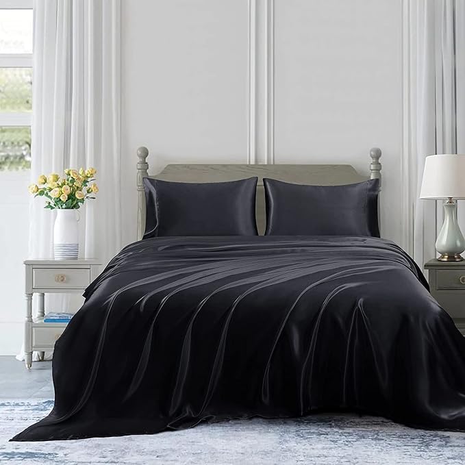 Homiest Black Satin King Flat Sheet, Silky Bedding Top Sheet - Image 5