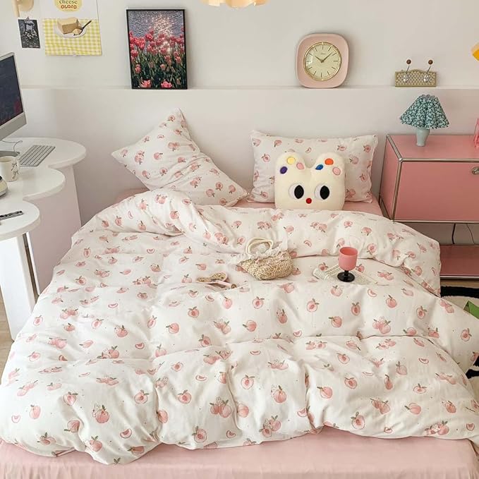Nayoroom Pink Peach Duvet Cover Full Size Kawaii Fruit Peaches Rabbit Printed - Image 6
