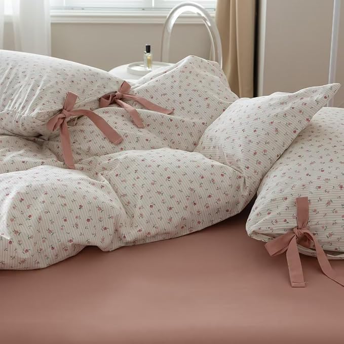 MKXI Cute Bow Tie & Pink Flower Stripes Duvet Cover Twin Size Cotton Bedding Set - Image 4
