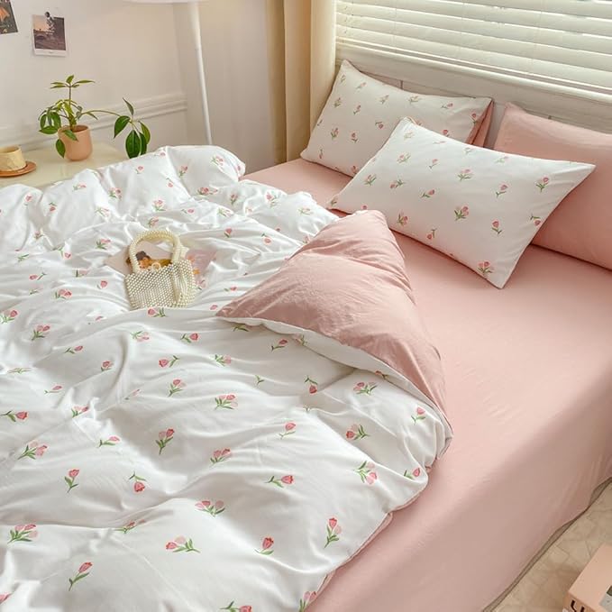 Nayoroom Pink Floral Duvet Cover Full Size Coquette Tulip Printed on White - Image 2