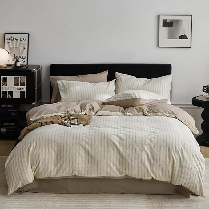 Nayoroom Beige Striped Duvet Cover Queen Size 100% Washed Cotton Duvet Cover - Image 4