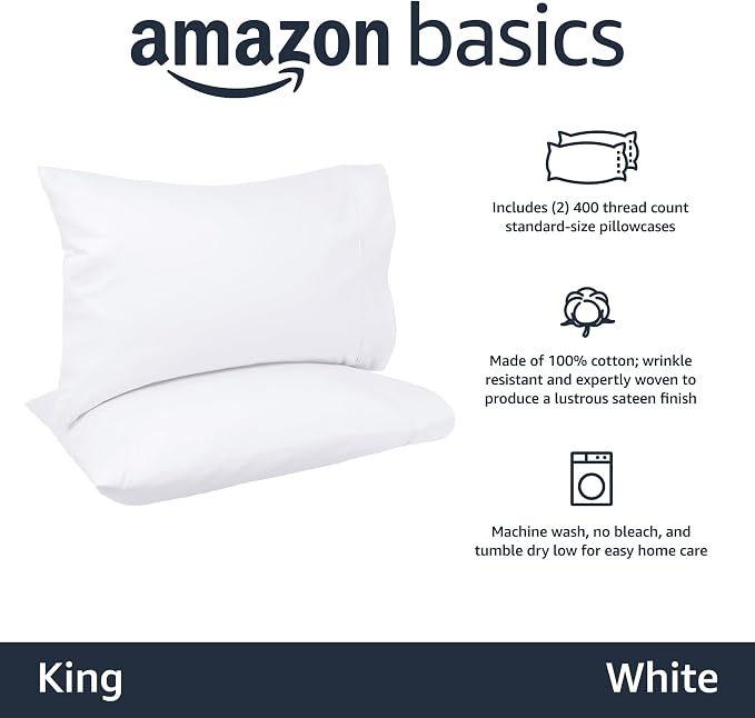 Amazon Basics 400 Thread Count Soft 100% Cotton Pillow Cases, Wrinkle Resistant - Image 2