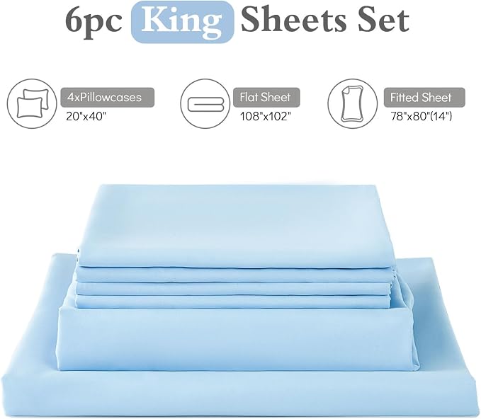 ILAVANDE King Size 6 Piece Bed Sheets Set, Baby Blue - Image 7