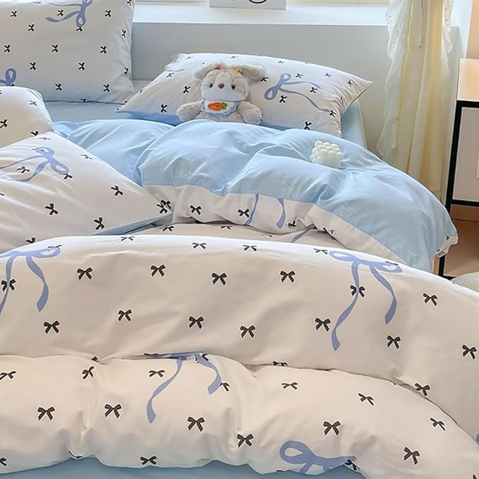 Nayoroom Blue Bow Duvet Cover Queen Size Reversible Blue Duvet Cover 3 Pieces by Nayoroom