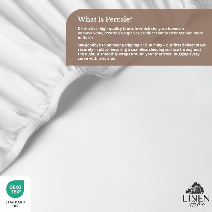 Linen Home 100% Cotton Percale Weave Fitted Sheet, Twin Size, Snow White - Image 5
