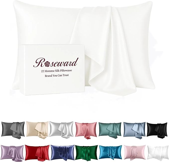 Oeko-TEX Certified White Silk Pillow Cases Made in USA, 100% Real Silk by ROSEWARD